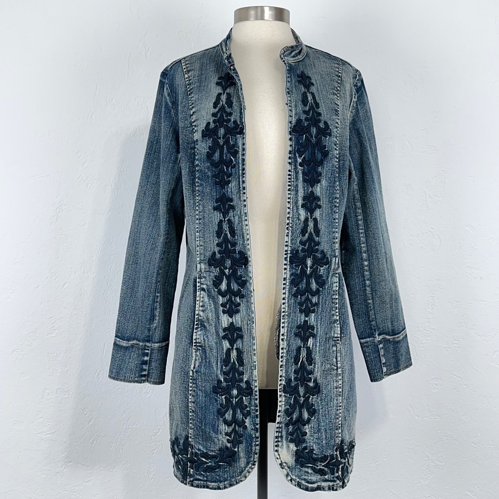 Vintage Y2K Boho Western Concert Denim Jacket Size Medium Embroidered Acid Wash